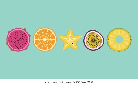 Colorful set of tropical fruit slices including dragon fruit, orange, starfruit, passionfruit, and pineapple on a turquoise background.