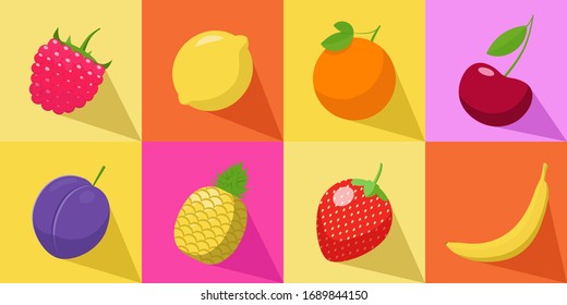 Colorful Set of tropical fruits in vector. Plum, Raspberry, Orange, pineapple, cherry, lemon, strawberry, banana. Side view. View from above. juicy illustration. vegetarian healthy food. fresh 
