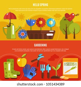 Colorful set of two horizontal spring banners with blooming flowers and gardening tools flat isolated vector illustration