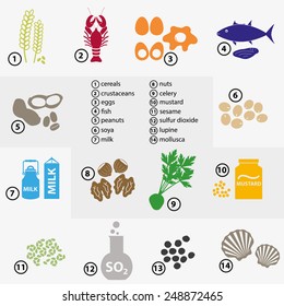 colorful set of typical food allergens for restaurants and meal eps10