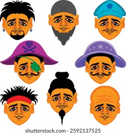 A colorful set of unique cartoon character faces featuring pirates, warriors, samurais, and fantasy avatars. Perfect for game design, digital stickers, and creative illustrations. Set of Cartoon Faces