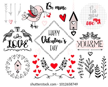 Colorful set for Valentine's Day. A set of amusing illustrations and texts. Invitations, tags, stickers, postcards, seamless patterns, notes, labels, stamps, inscriptions and texts.