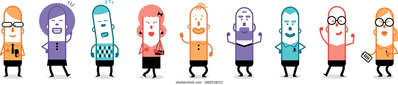 A colorful set of various characters in a simple flat style