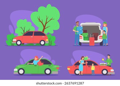 Colorful set of various family car activities, including scenes of packing, enjoying rides, and playful interactions among family members. Travel concept