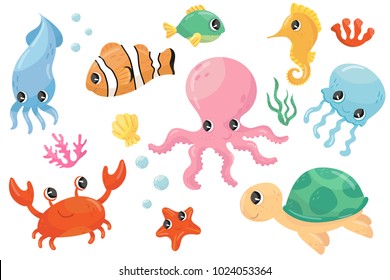 Colorful set of various sea creatures. Cartoon fish, seahorse, turtle, crab, jellyfish, octopus, seastar, seaweed. Flat vector element for children s book