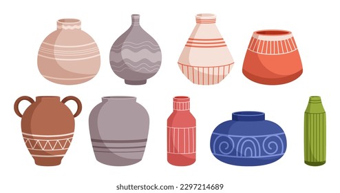 Colorful Set Of Vases With Unique Shapes And Patterns, Perfect For Displaying Fresh Or Dried Flowers And Adding A Touch Of Elegance And Style To Home Decor. Cartoon Vector Illustration