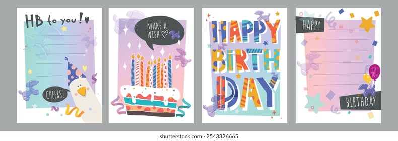 Un colorido conjunto de tarjetas de cumpleaños de Vector con diseños festivos. Sombrero de fiesta con HB para ti, un pastel con velas y un deseo, vibrante texto de feliz cumpleaños y espacios en blanco para mensajes