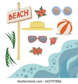 Colorful set of vector elements for vacation. Sea waves, sign post with word Beach, tropical flowers, sunglasses, sun straw hat, beach ball. Isolated on white background.