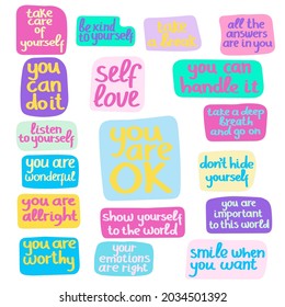 Colorful set of vector hand drawn qouts about self care, self help affirmations. Support words for people with mental disorders.