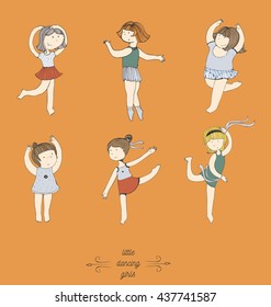 Colorful Set Of Vector Handdrawn Doodle Dancing Girls. Cute And Fun Girls In Various Poses, With Smile On Face, Moving In Steps. Isolated On Orange Illustration, Good For Dance Studio, Dance School.