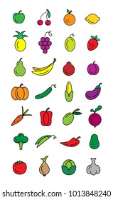 Colorful set of vector icons fruits and vegetables.