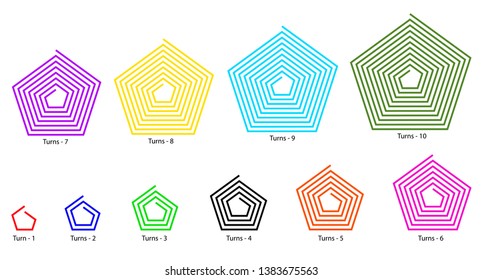 Colorful set vector illustration of polygon five sides each have different color and turns. 