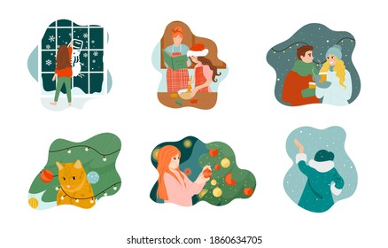 A colorful set of vector illustrations about how people celebrate Christmas. Cute hand drawn illustrations, people decorate the Christmas tree, funny cat, Christmas cookies, first snow, love couple