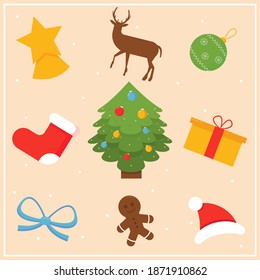 A colorful set of vector illustrations depicting Christmas items and elements on a solid background in red, green, blue and yellow colors for packaging, design, stickers, postcards or advertising.