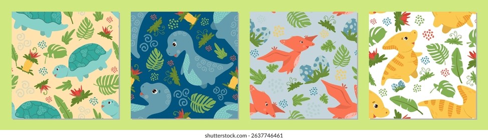 A colorful set of vector illustrations featuring adorable dinosaurs among vibrant foliage. Perfect for children s designs, playful patterns and educational materials.