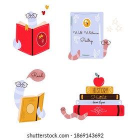 Colorful set of vector illustrations with pile of books and funny bookworms. Learning, reading concept.