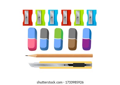 Colorful Set of vector illustrations in realistic style sharpened pencils of various lengths with sharpener, Rubber Eraser Realistic Vector.
