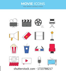 Colorful set of vector line movie icons. Such as, camera, clapboard, film, cinema, chair, popcorn, drink, 3D. Pixel perfect. Editable stroke.