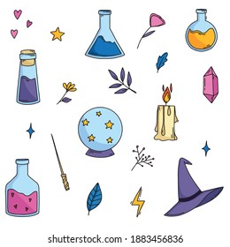 Colorful set of vector magical illustrations with black outline. Divination ball, stars, candle, bottles, stones, crystals.