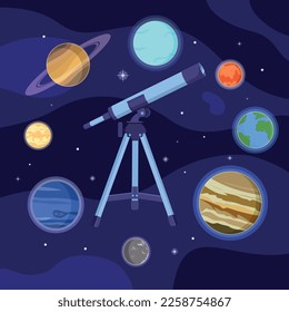 Colorful set of vector planets and telescope. Cute space set.