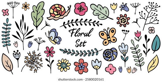 colorful set of vector plants and butterflies drawn by hand on a white background