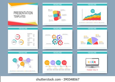 Colorful set of vector templates for multipurpose presentation slides. Modern business flat design with graphs and chart. Leaflet marketing advertising.