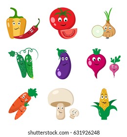 Colorful set of vegetables. Cartoon stylized characters with different emotions. Vector illustration