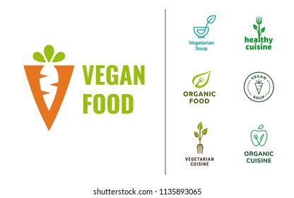Colorful set of vegetarian and vegan restaurant logos. Simple, original, modern and clear set. 