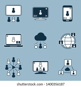 Colorful set of video conference and online communication icons in line style. Vector illustration. Virtual modern education