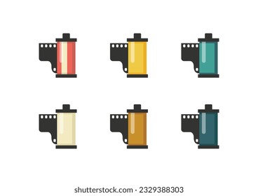 Colorful set of vintage photo camera film rolls. Vector illustration