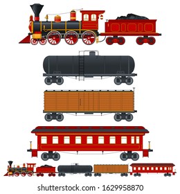 Colorful set of vintage train in retro style. Сistern car, container and passenger waggons. Vector ilustration collection