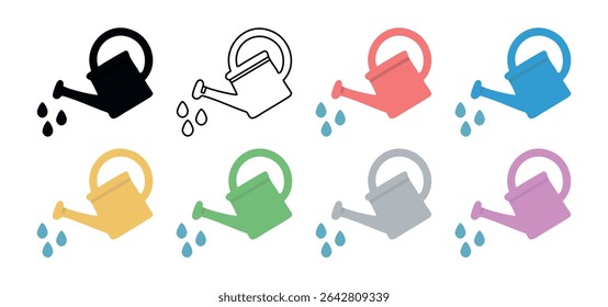 Colorful set of watering cans in various shades, each with water droplets, isolated on white background, graphic illustration. concept of gardening, household tool, nature, design element.