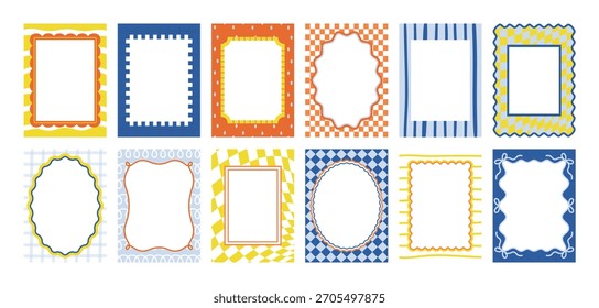 Colorful set of wavy edge frames with geometric patterns and playful doodle borders, ideal for invitations, banners, or creative layouts, isolated on white background vector illustration