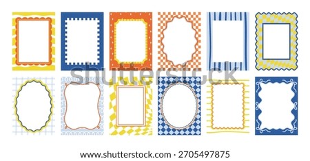 Colorful set of wavy edge frames with geometric patterns and playful doodle borders, ideal for invitations, banners, or creative layouts, isolated on white background vector illustration