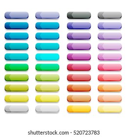 Colorful set of web buttons, vector illustration. Green, blue, yellow, orange, red, pink, purple, gray, white colors. 