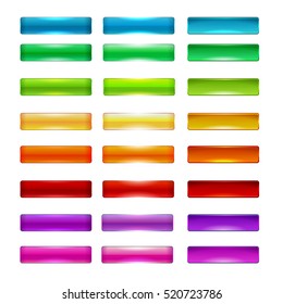 Colorful set of web buttons, vector illustration. Green, blue, yellow, orange, red, pink, purple, gray, white colors. 