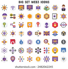 Colorful set of Web3 icons with blockchain, cryptocurrency, and digital assets in hexagonal design.
