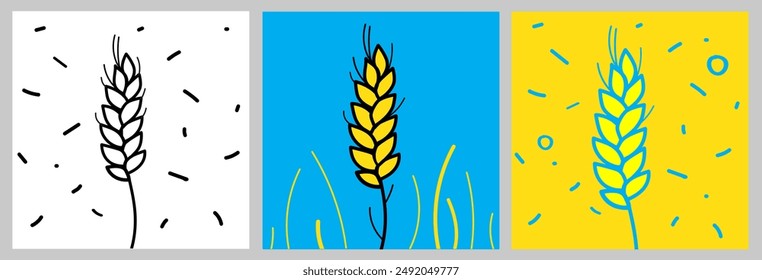 Colorful set wheat isolated on yellow, blue and white background. Farm ears of wheat bread symbols. Agriculture wheat. Random dynamic shapes. Vector icon template Illustration EPS 10.