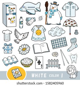 Colorful set of white color objects. Visual dictionary for children about the basic colors. Cartoon images to learning in kindergarten and preschool