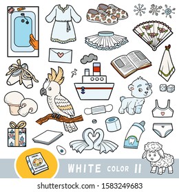 Colorful set of white color objects. Visual dictionary for children about the basic colors. Cartoon images to learning in kindergarten and preschool