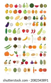 Colorful set of whole and cut fruits and vegetables in a flat style.