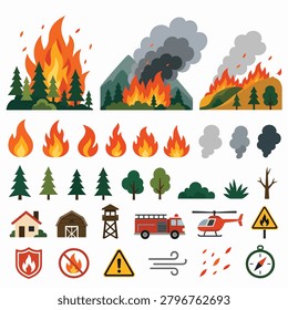 Colorful set of wildfire and emergency response icons
