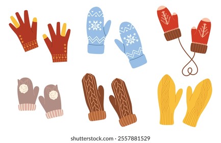 A colorful set of winter mittens and gloves in various designs and patterns. Perfect for holiday decorations, greeting cards, or seasonal illustrations. Vector illustration.