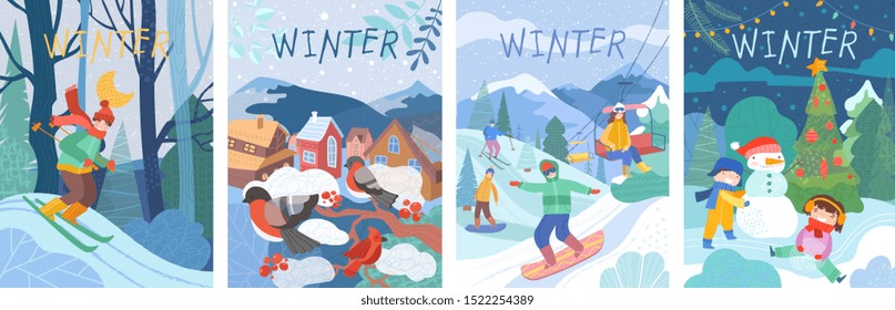 Colorful set of winter scene cards with kids and snowman, ski resort, village with robins on a tree, and young person skiing through a forest in winter, cartoon vector illustration
