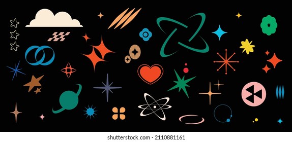 Colorful set of Y2K style vectors of objects and space elements for graphic decoration.