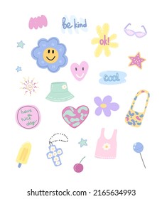 A colorful set of  y2k trendy retro stickers style of the 90s.Hipster fashion.