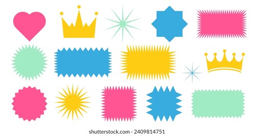 Colorful set of zig zag edge rectangle, crown, star, circle shapes collection. Jagged ripped patches collection. Design elements for collage, banner, 