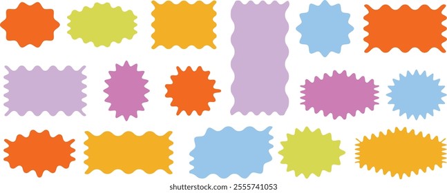 Colorful Set Zigzag edges set. Torn paper, jagged rectangular shape box element set with zigzag edges. Silhouette stickers circle, square, oval and rectangle labels. Vector illustration