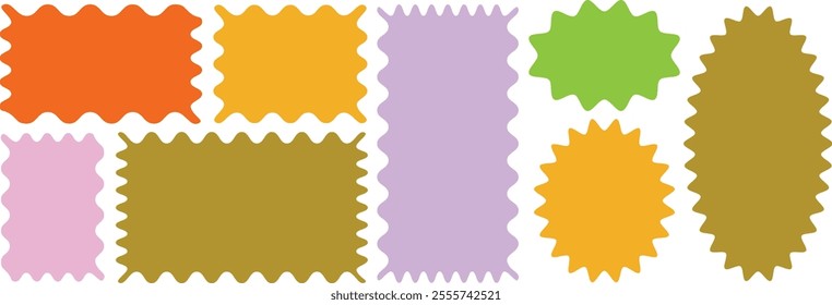 Colorful Set Zigzag edges set. Torn paper, jagged rectangular shape box element set with zigzag edges. Silhouette stickers circle, square, oval and rectangle labels. Vector illustration
