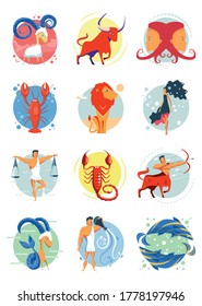 Colorful set of zodiac signs Aries, Leo, Sagittarius, Taurus, Virgo, Capricorn, Gemini, Libra, Aquarius, Cancer, Scorpio, Pisces. Astrology horoscope. Vector flat design cartoon icons